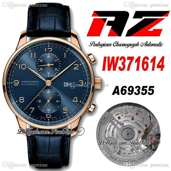 

azf iw371614 a69355 automatic chronograph mens watch rose gold blue dial champagne number markers leather strap satch super edition puretime, Slivery;brown