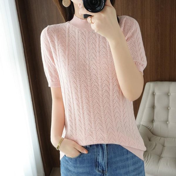 

women's t-shirt 21 half high neck ladies 100% cotton short sleeve hollow knit thin sweater slim fit summer pullover, White