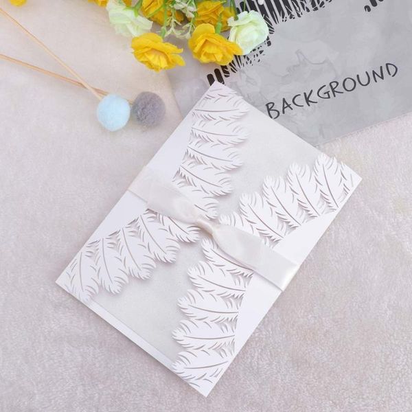 

greeting cards 10pcs white hollow out feather design invitations elegant delicate bowknots wedding invitation birthday party supplies (