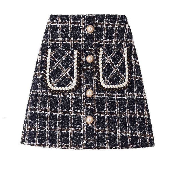 

skirts elegant women tweed skirt spring autumn girl cute pockets french high waist slim ladies ol sweet plaid mini short, Black