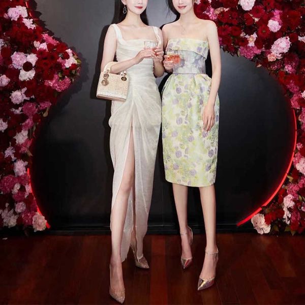 

luxury party evening dress niche chic square neck high split folding senior athena godds holiday, White;pink