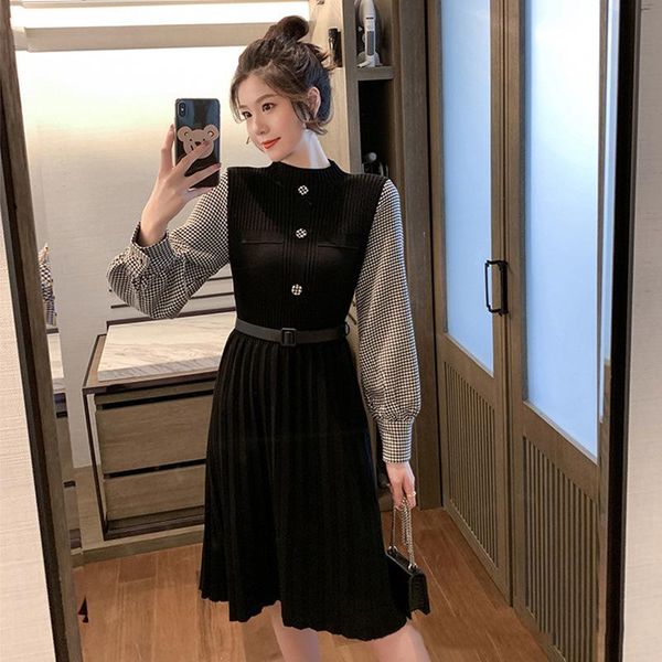 

casual dresses 2021 sweater dress women knitted autumn warm knit female korean loose belt elastic vestidos lace ol lady sw020, Black;gray