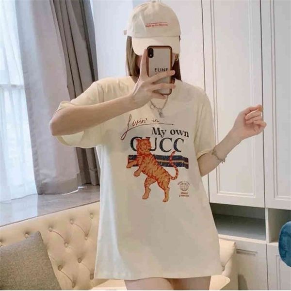 

new print short sleeve loose large couple t-shirt women's high version trend, White