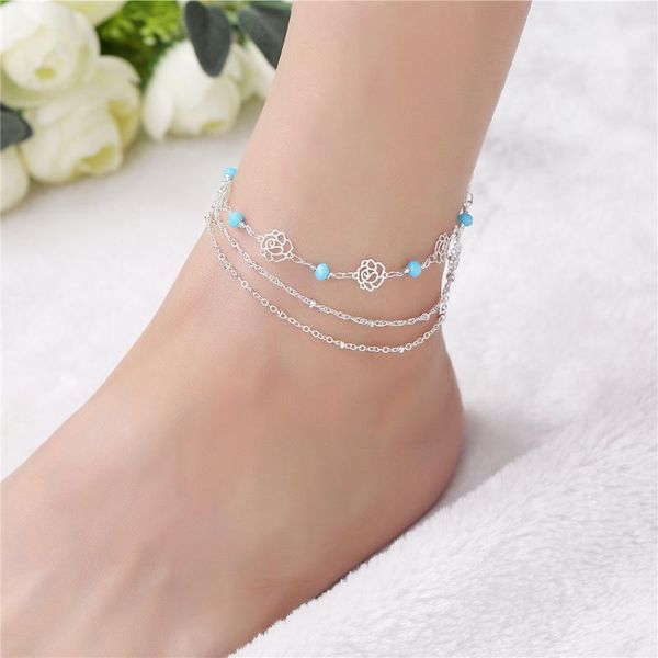 

fashion 925 sterling silver anklet fine jewelry rose simple foot chain for women girl s925 ankle leg bracelet anklets, Red;blue