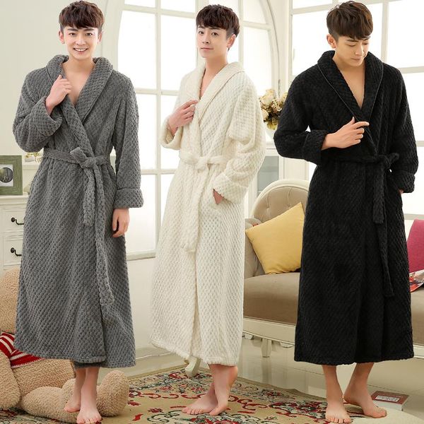

lovers winter long thick warm bathrobe men thermal coral fleece kimono bath robe male classic dressing gown mens flannel robes men's sl, Black;brown