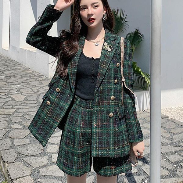 

women's tracksuits vintage green tweed suit women double breasted woolen jacket coat + shorts pant sets two piece outfit korean, Gray
