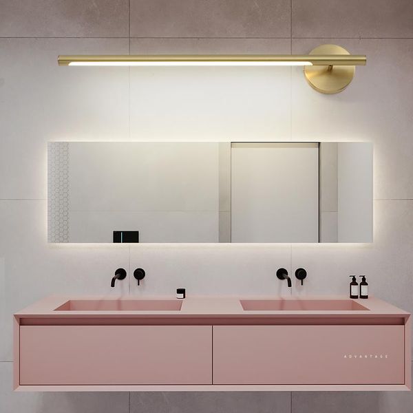 Lampada da parete moderna minimalista a LED a specchio per bagno di casa bagno AC220V rame impermeabile Vanity striscia lunga dorata