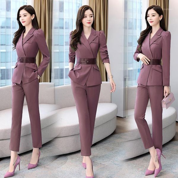 

women's two piece pants 2021 autumn spring women pieces suits long sleeve blazer coat +pencil trousers office lady sets, White