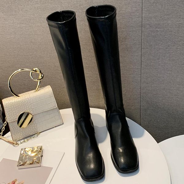 

boots stretch fabric women knee high square toe long chunky block low heel black beige