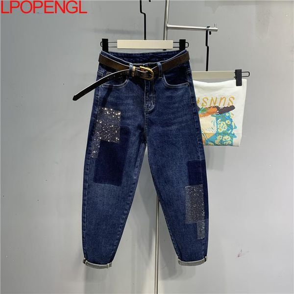 

women's jeans women high-waisted harem beaded sequins decorated fashionable street apparel high-quality color-block nine-point pants yk, Blue