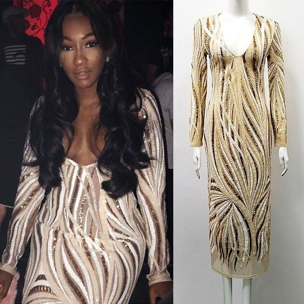 

casual dresses euramerican fashion night club celebrity party sequined v-neck long sleeve women, Black;gray