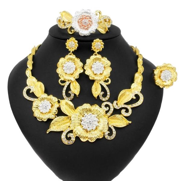 

earrings & necklace yulaili dubai gold jewelry sets for women wedding african beads bridal flower shape bracelet ring set, Silver