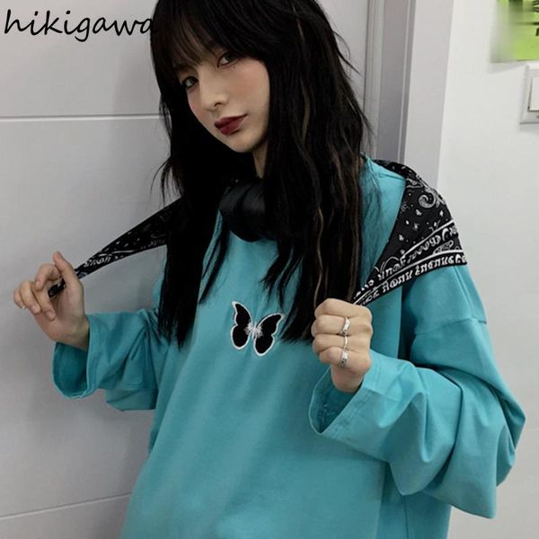 

women's t-shirt hikigawa clothing long sleeve vintage t shirts o-neck harajuku embroidery loose korean t-shirts print 2021 tshirts, White