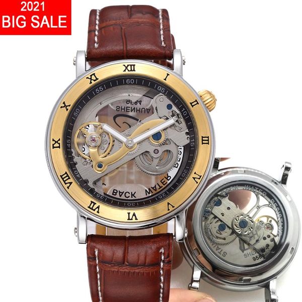 

wristwatches tourbillon watch for men automatic mechanical men's gold watches clock genuine leather transparent hollow mechanic, Slivery;brown