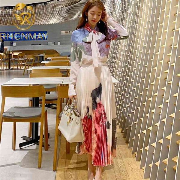 

skirt suits summer sets women bow collar long sleeve print floral shirts+mid-calf length pleated skirts 210506, White