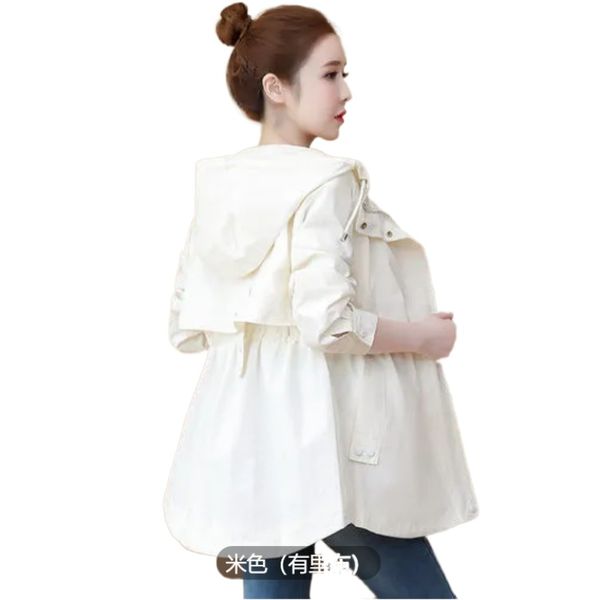 

spring autumn women trench coat drawstring elastic waist hooded outerwear korean large size windbreaker female basic jackets, Tan;black