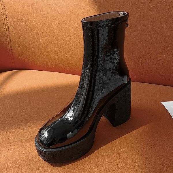 

boots 2021 autumn winter women shoes cow patent leather high heels platform black beige woman dress party office