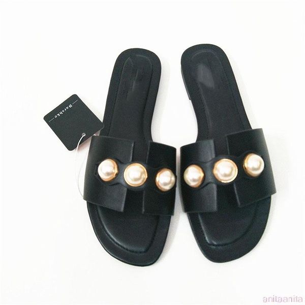 

fashion brand beach party dresses shoes fulgurant pearl sandals thin belt roman flat women flip flops casual slippers, Black