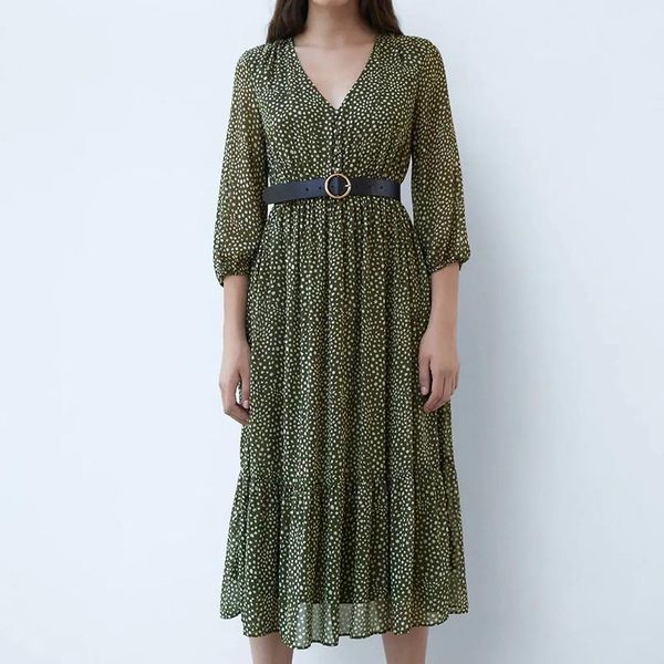 

foridol polka dot autumn winter long dress women v neck maxi chiffon elegant ladies green vintage vestidos 2021 casual dresses, Black;gray
