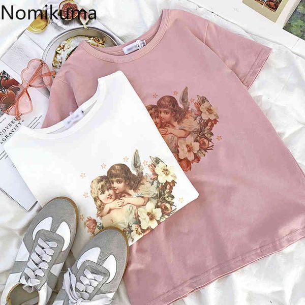 

nomikuma angel printed cotton t shirt women camisetas mujer o neck short sleeve vintage tshirts casual sweet summer 210514, White