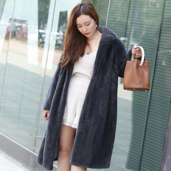 

women's fur & faux imported velvet full suit collar long mink oat, Black