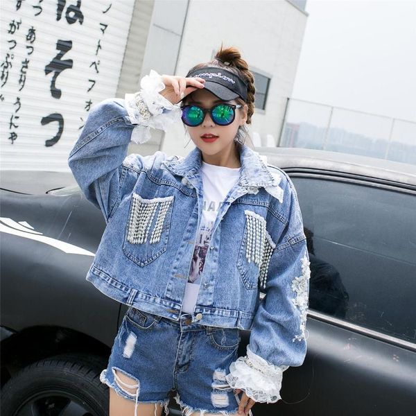 

women's jackets spring autumn fashion flower patches tassel denim loose lady streetwear coats, Black;brown