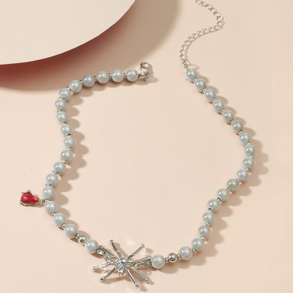 

chokers 1pc pearl spider necklace trendy red crystal stone short for women party jewelry|choker necklaces, Golden;silver
