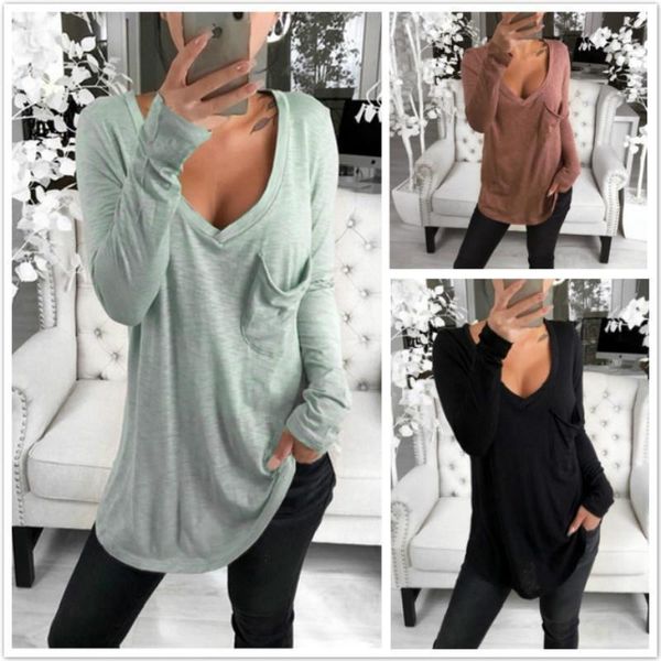 

autumn korean basic v neck womens t shirt long sleeve fitted plain stretch clothing slim shirts, White