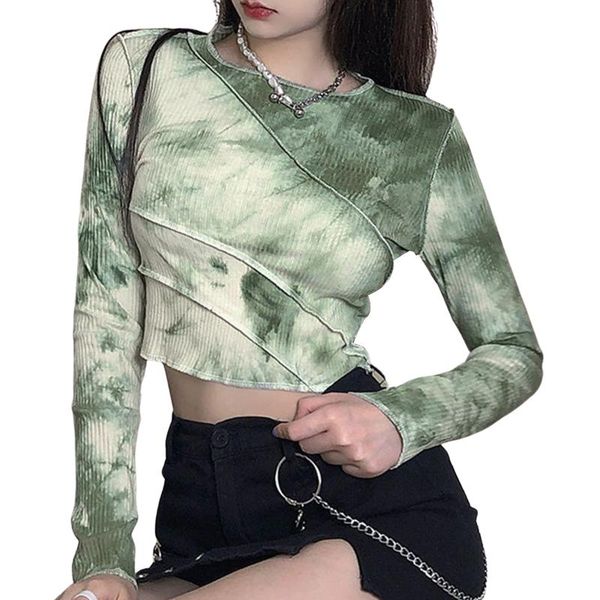 

women's t-shirt women rib knit crop , fashion tie dye print long sleeve crew neck slim fit t-shirts, White