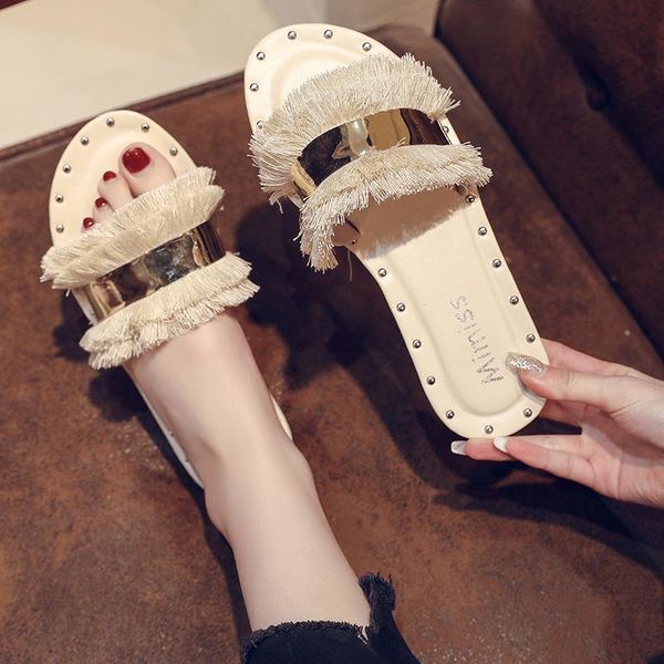 

slippers women fashion metal bling slides fur fringe flip flops summer flat outside ladies shoes cozy slide, Black
