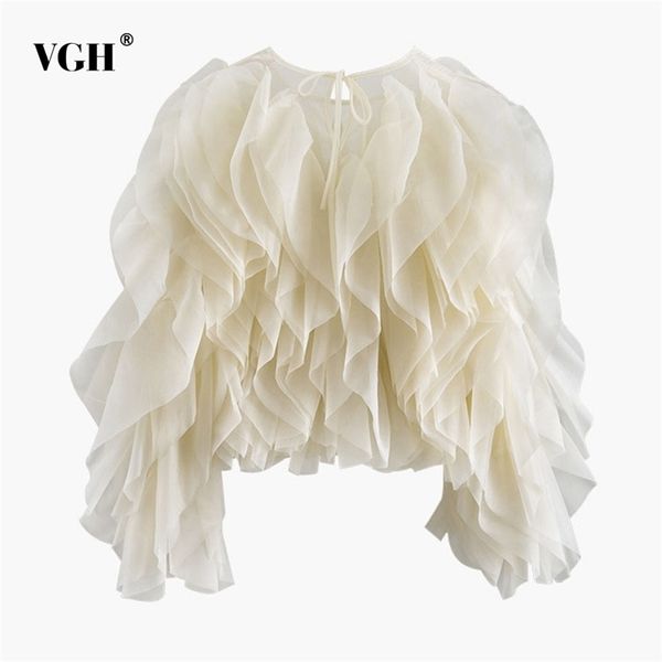

vgh elegant patchwork ruffle chiffon blouses women o neck lantern long sleeve loose shirt female clothes fashion summer new 210323, White