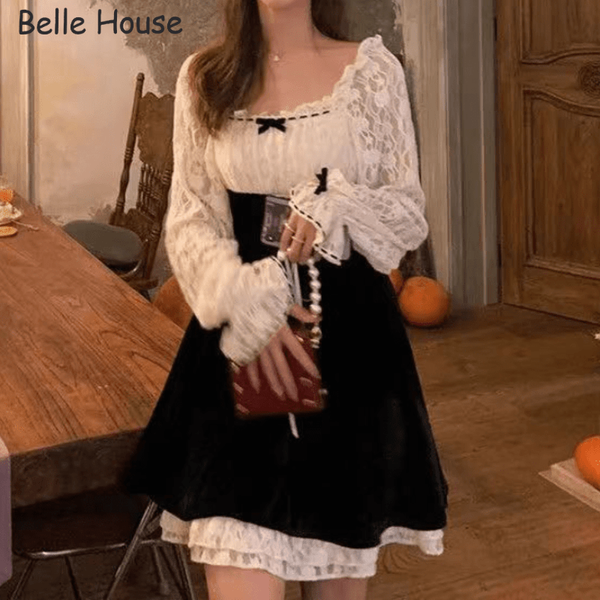

casual dresses vintage women 2021 autumn kawaii lace slim chic bow one piece korean elegant long sleeve retro fairy female cute bhn2034, Black;gray