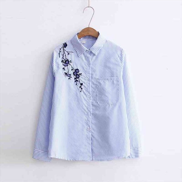

embroidery women blouses long sleeve shirts female turn-down shirts blue striped blouse women casual camisas femininas, White