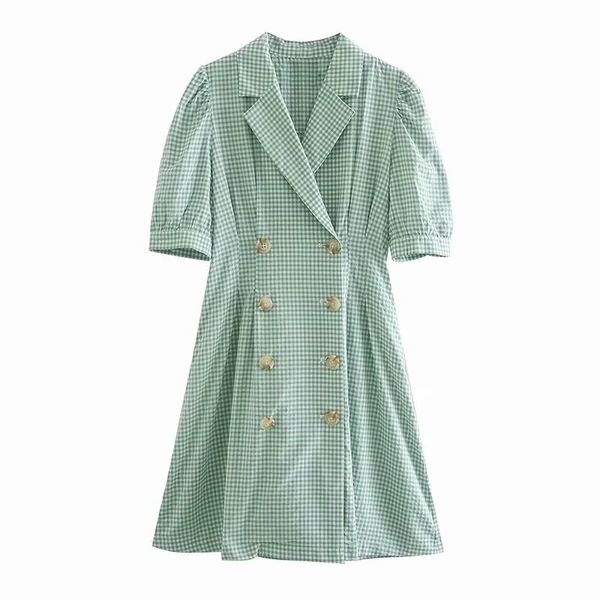 

vintage female knee-length dresses summer green women fashion ladies mid plaid loose girls dress 210430, Black;gray