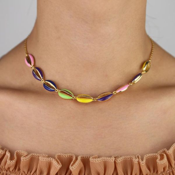 

gold filled delicate trendy women jewelry party gifts minimal pastel enamel colorful sea shell charm rainbow choker necklaces chokers, Golden;silver