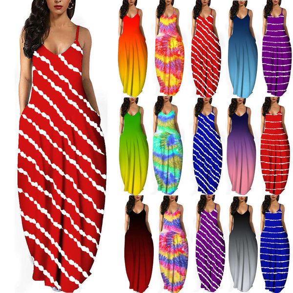 

casual dresses dress women clothes women's tie dye gradient horizontal bar diagonal printing suspender long 5z3g, Black;gray