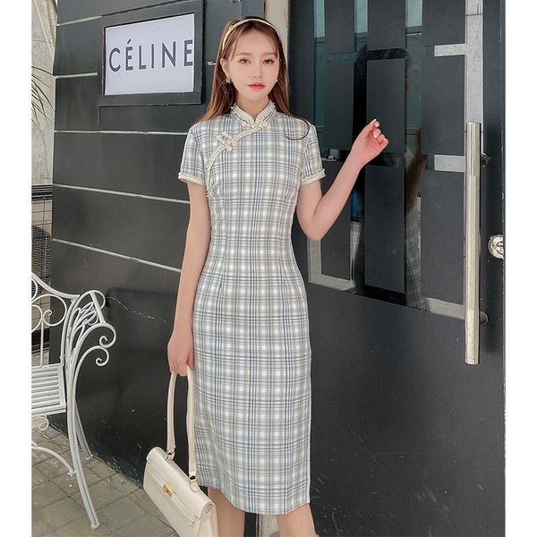 

spring summer woman elegant plaid print dress female bodycon cheongsam chinese traditional qipao ethnic clothing, Red