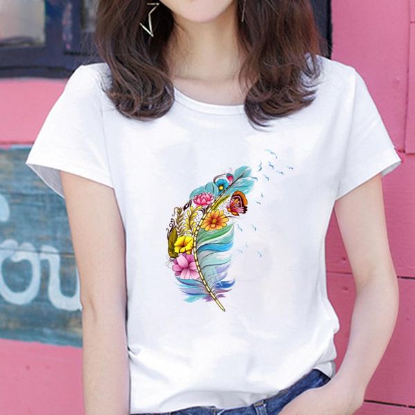 

women's t-shirt vintage flowers feather print women tshirt summer plus size graphic tees shirt femme woman short sleeve casual for lad, White