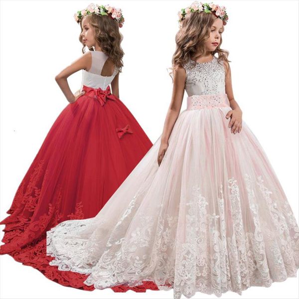 

girl elegant wedding pearl dress petals princess party pageant lace tulle long for 6 8 9 10 11 12 13, Red;yellow