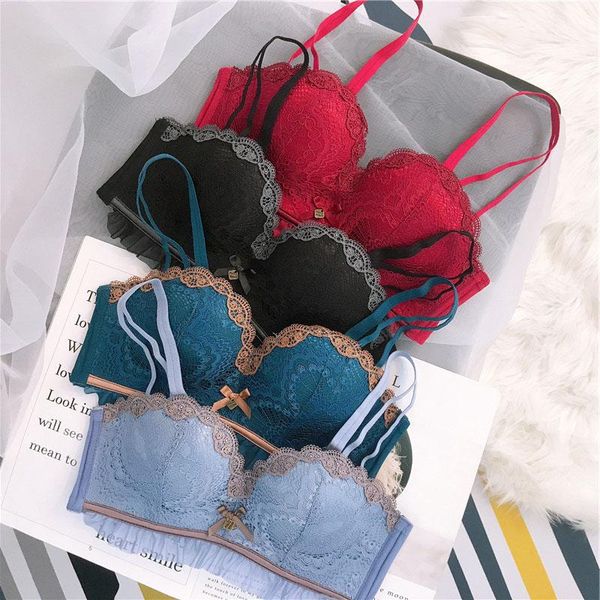 

women's lingerie set teal bow wireless lace cotton panties luxury upholstered bra add underwear a b g-strings, Black;white