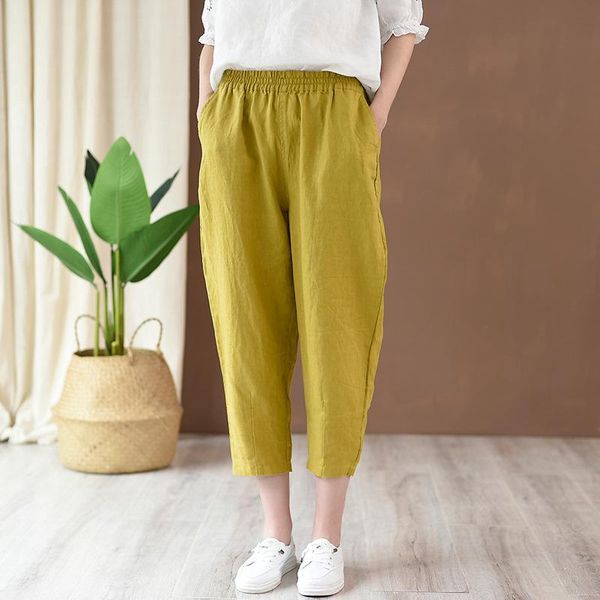 

women's pants & capris johnature harem casual loose elastic waist solid color ankle-length 2021 summer clothes cotton linen women, Black;white