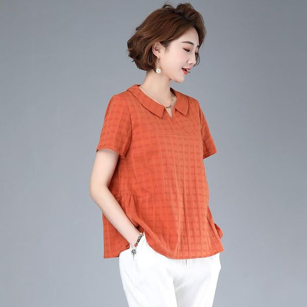 

women's t-shirt 2021 arrival summer women loose casual short sleeve turn-down collar t shirt plaid print cotton linen plus size b544, White