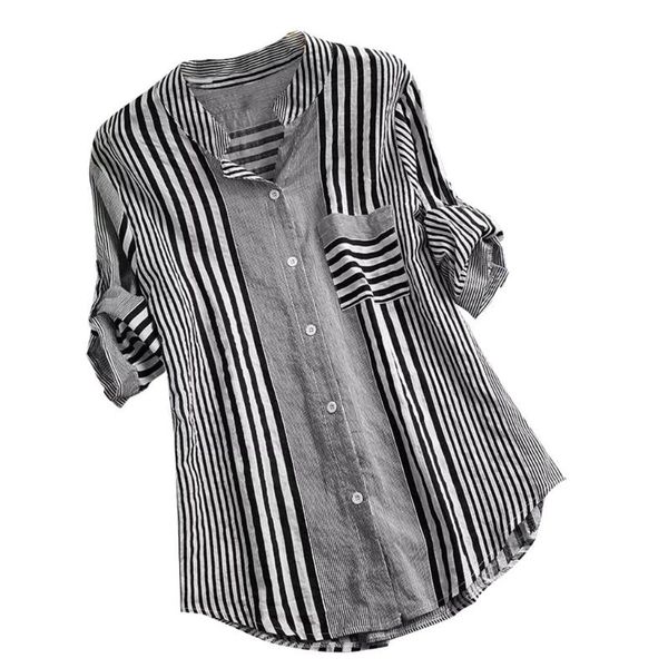 

women's blouses & shirts striped print 4xl plus size tunic three quarter button v-neck blouse fashion casual loose for women mujer, White