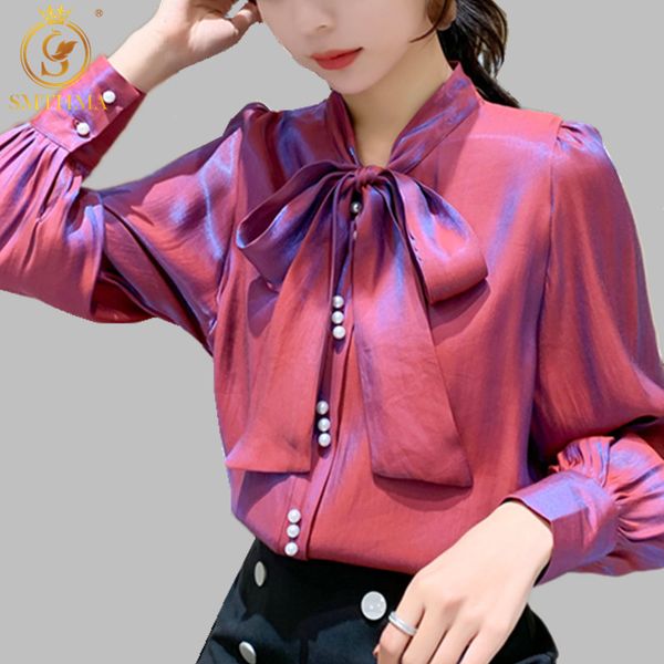 Primavera elegante arco flash bluses mulheres lanterna manga pérola fivela camisas ol escritório desgaste trabalho tops 210520