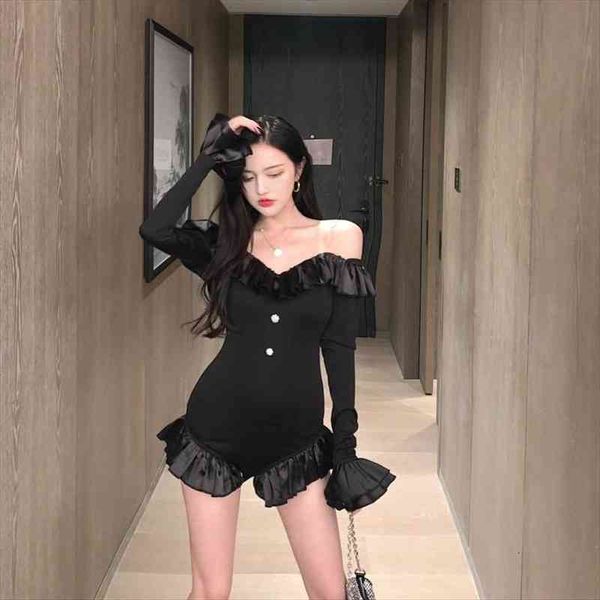

black bodycon bodysuits ruffles womens rompers flare sleeve style club for women autumn off shoulder slash neck, Black;white