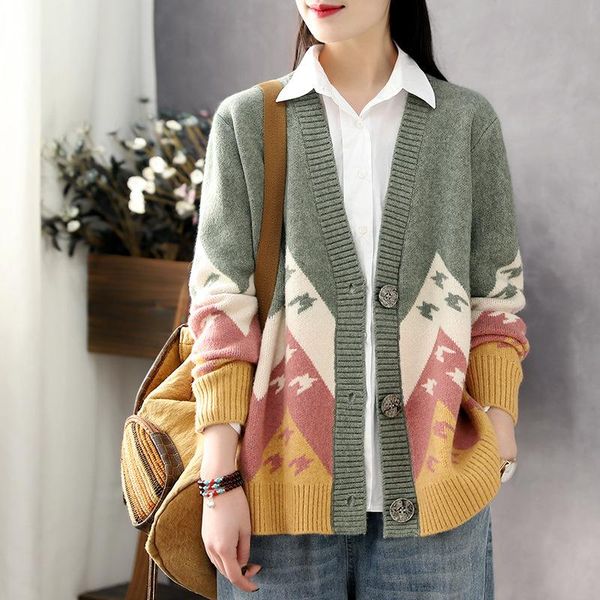 

women's knits & tees peonfly knitted cardigan women vintage sweater long sleeve autumn winte v neck clothes ladies casual green, White