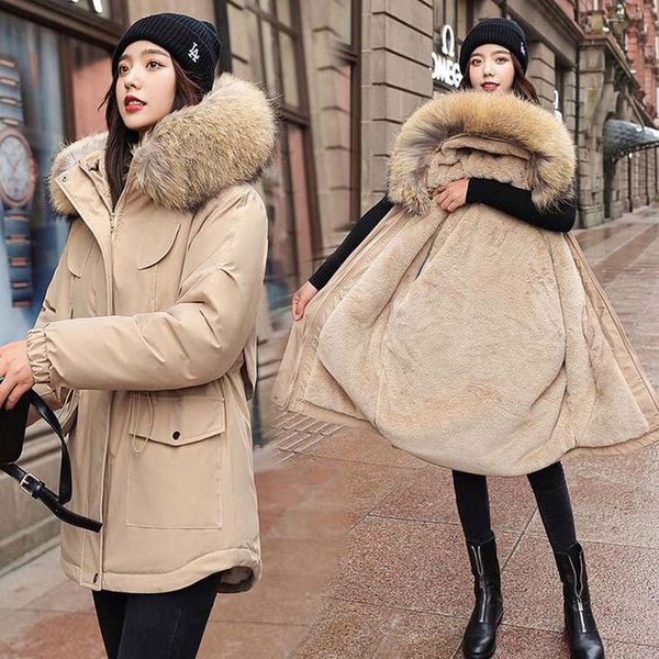 

2021 autumn warm down parka women thick long coat winter jacket women plus size zipper hooded plush down jacket ladies, Tan;black