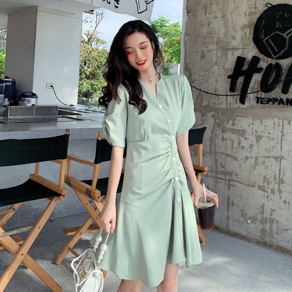 

women summer v-neck short sleeve dress single-breasted slim draped sheath solid sweet button mini ladies beach holiday dres 210514, Black;gray