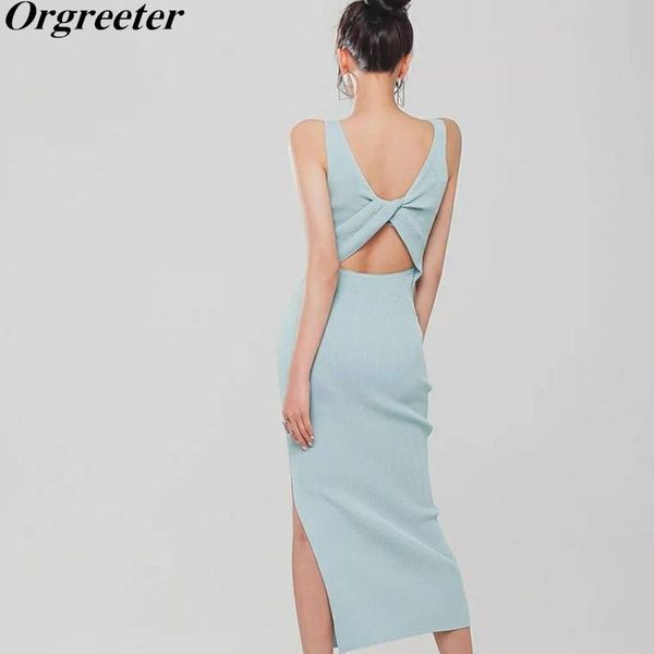 

casual dresses cross backless knit dress for women vetement femme 2021 summer pullover split bodycon party vestido feminino, Black;gray