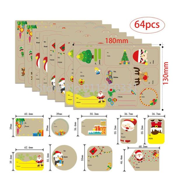 

gift wrap 64pcs kraft paper christmas stickers name tags xmas decorative sticker for packaging, cake baking decor, envelope seal